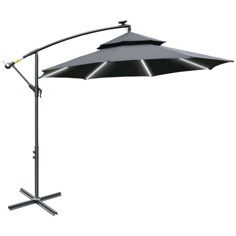 Best 3(m) Cantilever Banana Parasol Hanging Umbrella with LED Solar lights, Crank, 8 Sturdy Ribs and Cross Base for Outdoor, Garden, Patio, Black