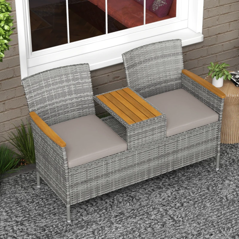 Best Two-Seat Rattan Loveseat, with Wood-Top Middle Table - Grey - Image 7