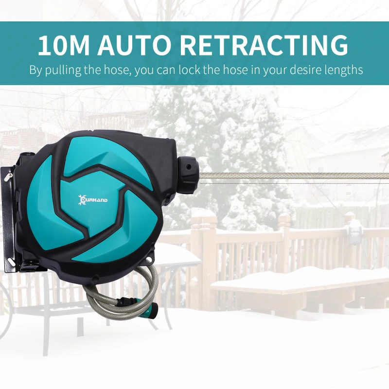 DURHAND 10m Garden Auto Hose Reel Wall Mounted Retractable 7 Patterns Spray Nozzle - Image 5
