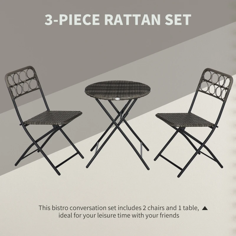 Best 3 Pieces Rattan Bistro Set, Wicker Folding Garden Furniture Set with Coffee Table and Chairs for Outdoor, Patio, Balcony, Grey - Image 5