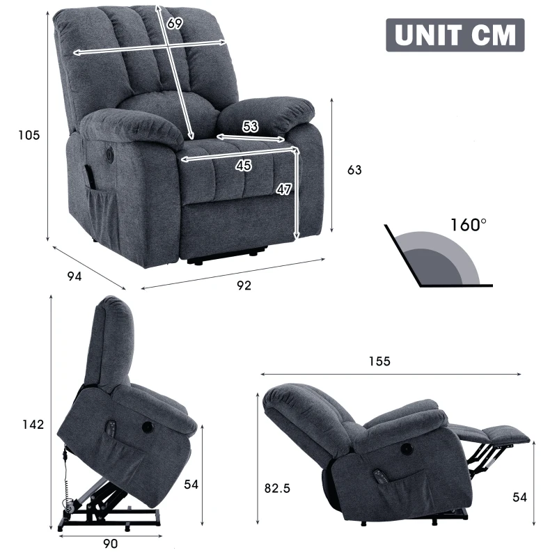 Electric Recliner Armchair with Heating Massage Points, USB Ports, Side Pockets, Executive Power Lift Massage Chair, 92x94x105 cm, Light Grey-Blue - Image 3