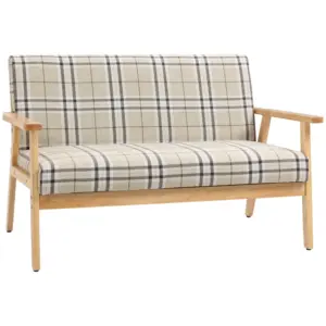 Best Compact Loveseat Couch Double Seat Sofa with Lattice Pattern and Rubber Wood Frame Beige and Coffee