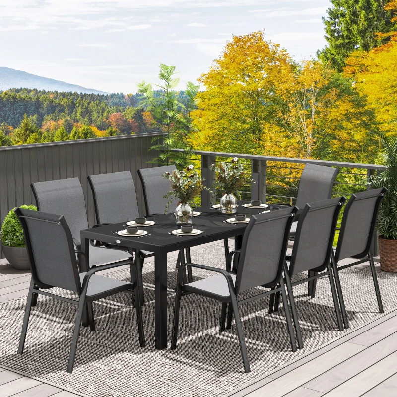 Best 8 Seater Garden Dining Set with Stacking Chairs, Rectangular Tempered Glass Top, Garden Furniture Set, Outdoor Dining Table and Chairs for Patio, Balcony, Poolside, Dark Grey - Image 7