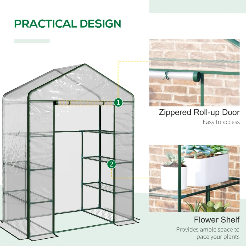 Best Walk in Greenhouse with 4-Tier 8 Shelves, Green House with Hemmed Cover, Roll-up Zipped Door, Steel Frame, 143 x 73 x 195cm - Image 5