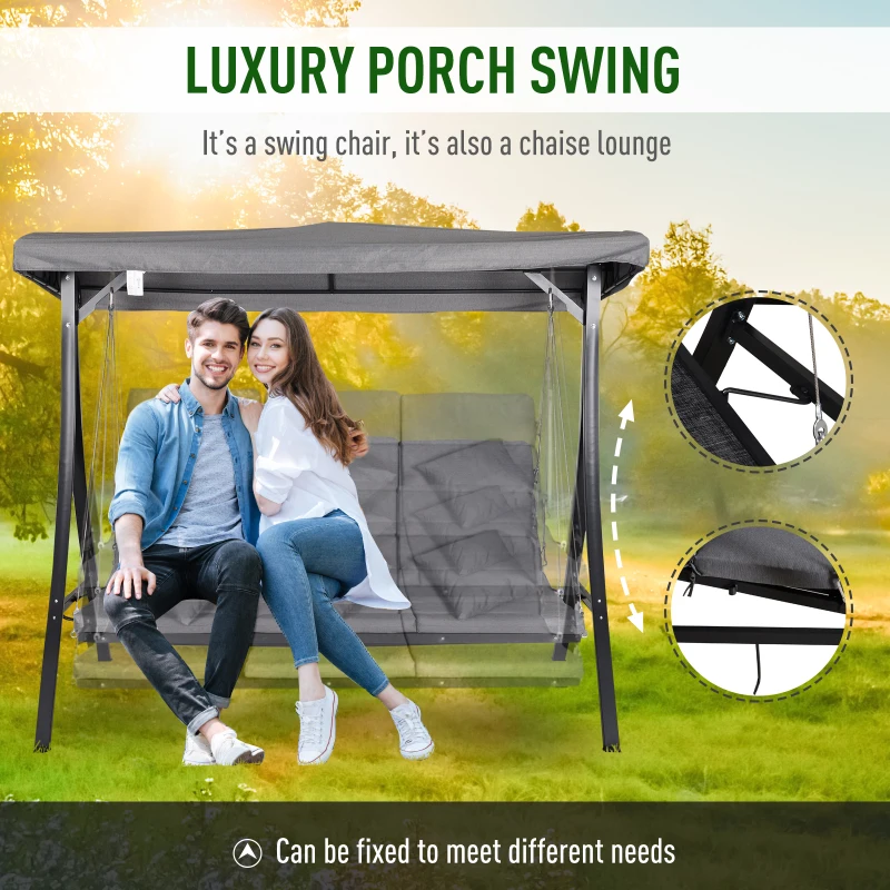 Best 3 Seater Garden Swing Seat Outdoor Swing Chairs Chaise Lounge Padded Seat Hammock Canopy Porch Patio Bench Bed Recliner Sun Lounger - Grey - Image 4
