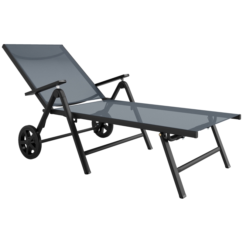 Best Folding Sun Lounger with Wheels, 5-Position Adjustable Garden Chaise Lounge Sunbed with Armrests, Metal Frame Outdoor Portable Reclining Chair for Beach, Porch, Grey - Image 10