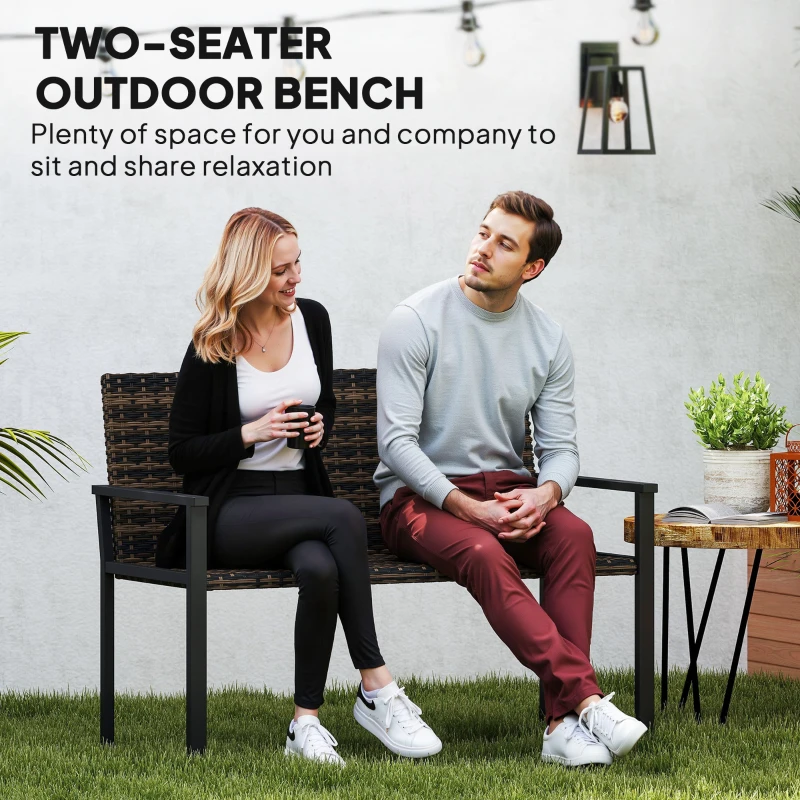 Best 2 Seater Rattan Garden Bench, Outdoor Bench with Quick-Drying Cotton Padding, Wicker Garden Loveseat with Armrests, Steel Frame for Patio, Park, Mixed Brown - Image 4