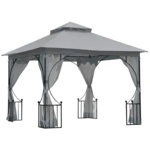 Best 3 x 3(m) Garden Gazebo Patio Party Tent Shelter Outdoor Canopy Double Tier Sun Shade Metal Frame Netting, Light Grey