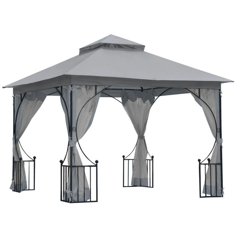Best 3 x 3(m) Garden Gazebo Patio Party Tent Shelter Outdoor Canopy Double Tier Sun Shade Metal Frame Netting, Light Grey