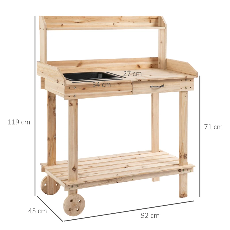 Best Garden Potting Bench Table, Wooden Work Station, Outdoor Planting Workbench with 2 Wheels, Sink, Drawer & Large Storage Spaces, 92x45x119cm - Image 3