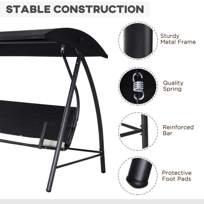 Best Rattan Garden Swing Chair 3-Seater Black - Image 6