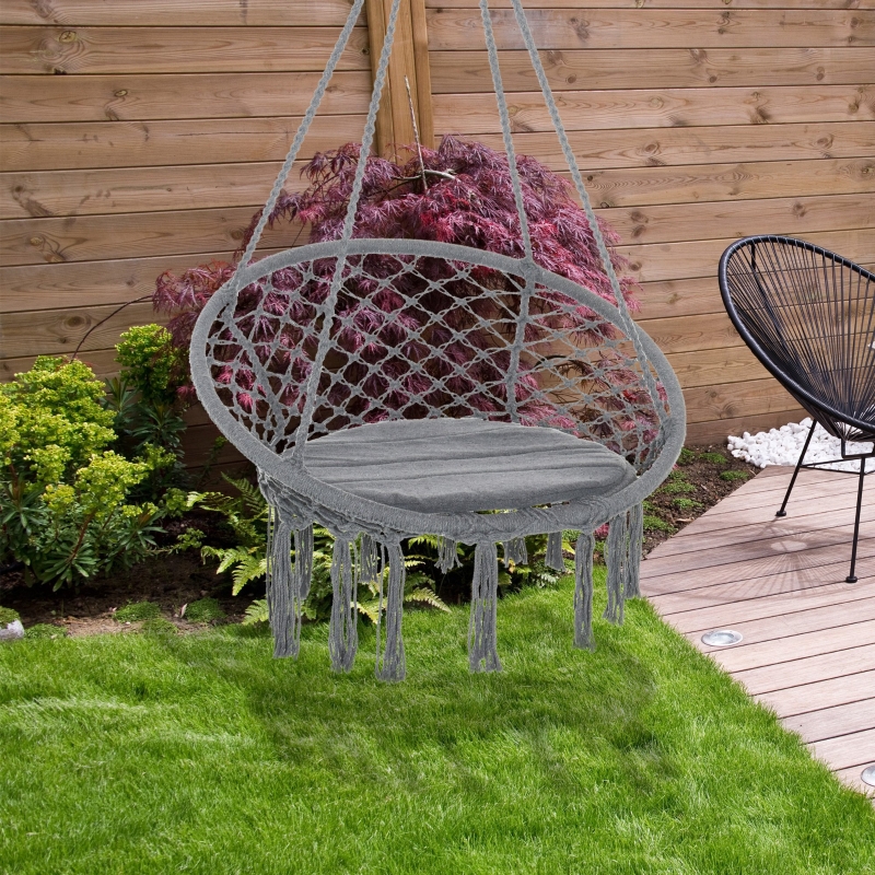 Best Outdoor Cotton-Polyester Blend Macrame Hanging Rope Chair with Cushion, Portable Garden Chair with Fringe Tassels for Patio, Deck, Tree, Grey - Image 10