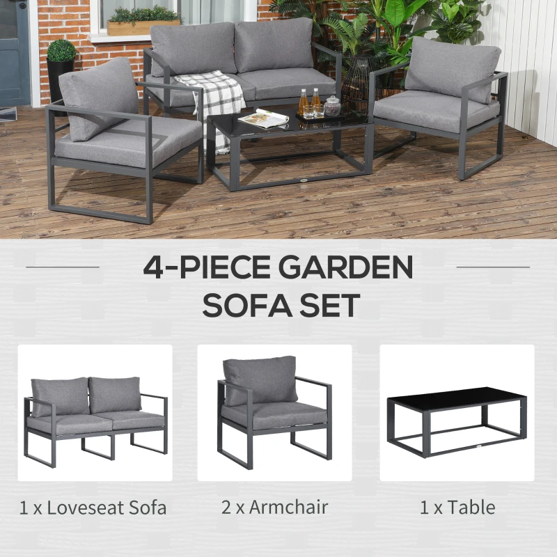 Best 4 Pieces Garden Sofa Set 2 Single Armchair 1 Bench & Side Table Set Aluminium Frame Patio Furniture with Cushions Grey - Image 4