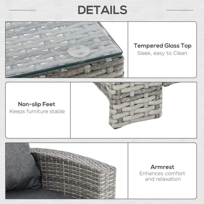 Best 6 Pieces PE Rattan Garden Furniture Set with Three-seat, Armchairs and Footstools, Aluminium Patio Wicker Dining Sets w/ Glass Top Dining Table, Soft Cushion, Light Grey - Image 6