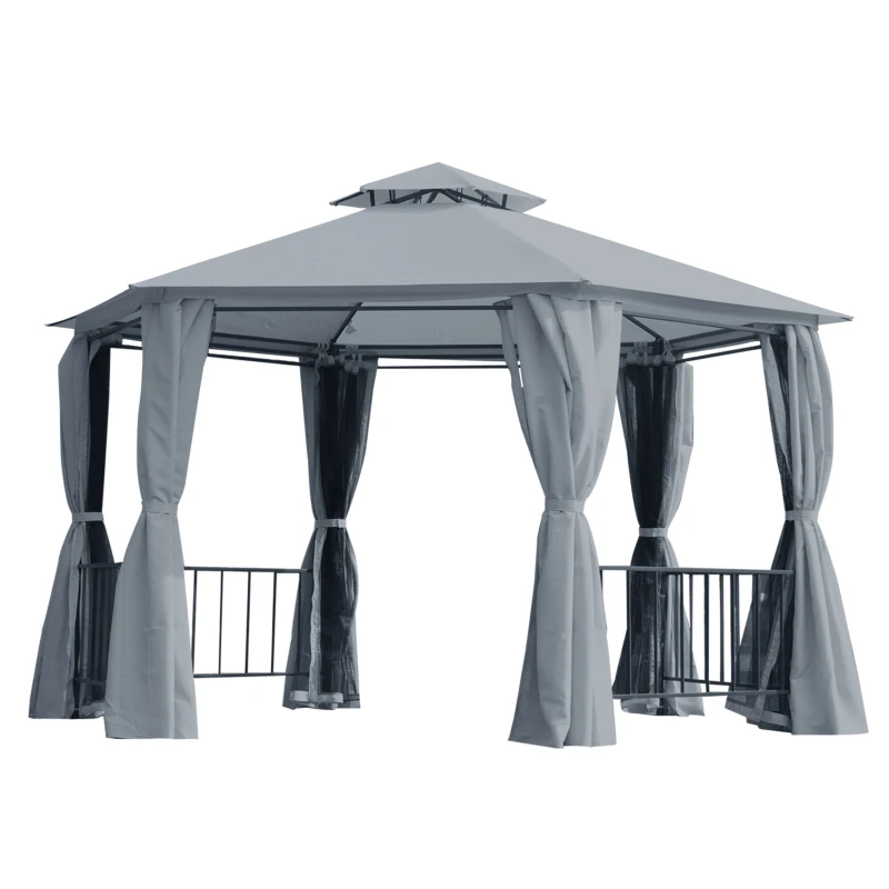 Best 3 x 3(m) Hexagon Gazebo Patio Canopy Party Tent Outdoor Garden Shelter w/ 2 Tier Roof & Side Panel - Grey