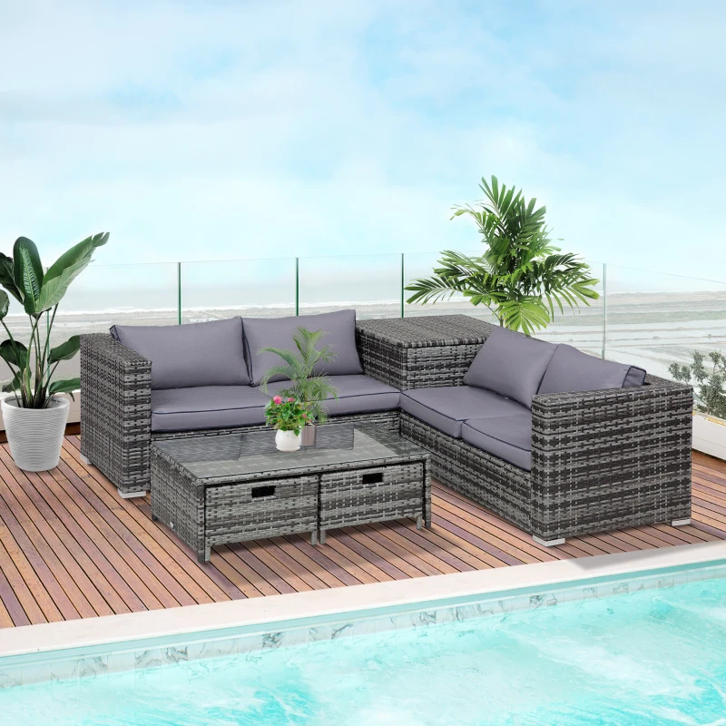 Best 4 Pcs Rattan Wicker Garden Furniture Patio Sofa Storage & Table Set w/ 2 Drawers Coffee Table,Great Cushioned 4 Seats Corner Sofa - Grey - Image 2