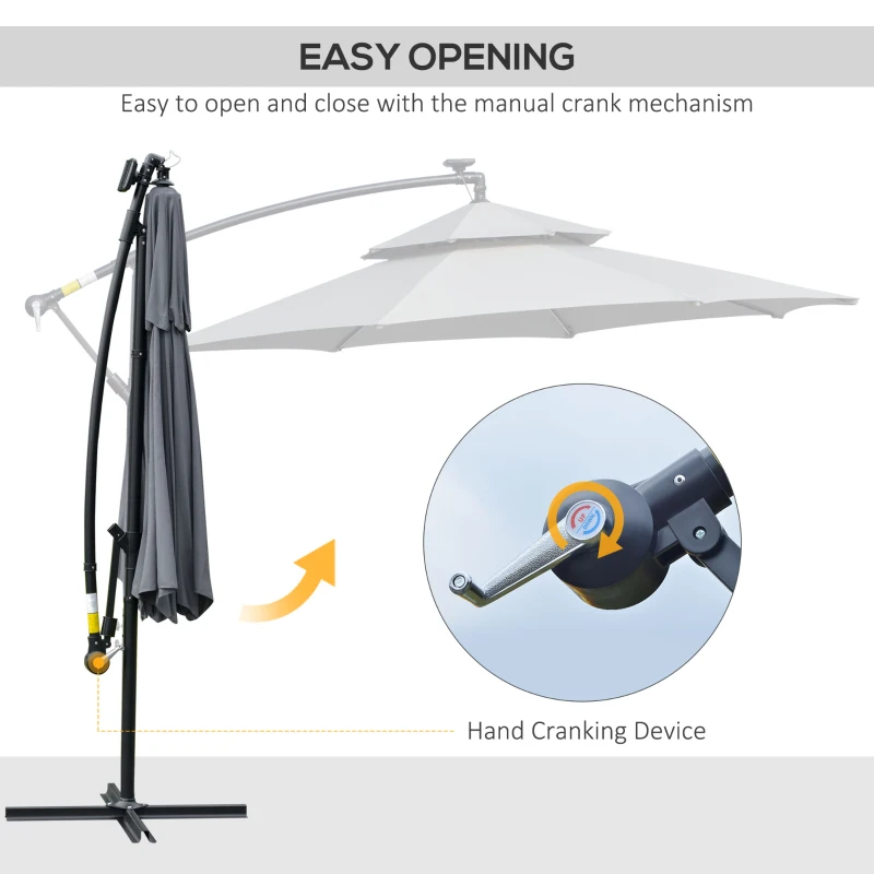 Best 3(m) Cantilever Banana Parasol Hanging Umbrella with Double Roof, LED Solar lights, Crank, 8 Sturdy Ribs and Cross Base for Outdoor, Garden, Patio, Grey - Image 5