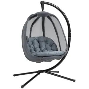 Best Hanging Egg Chair, Folding Texteline Swing Hammock with Side Pocket, Cushion and Stand for Indoor Outdoor, Patio Garden Furniture, Grey