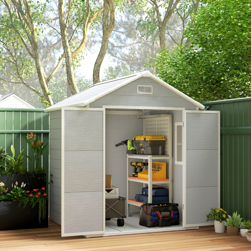 Best 6 x 5ft Garden Shed, Plastic Shed with Floor, Window, Lockable Doors and Vents, Wood Effect Resin Tool Shed for Outdoor Patio, Light Grey - Image 10