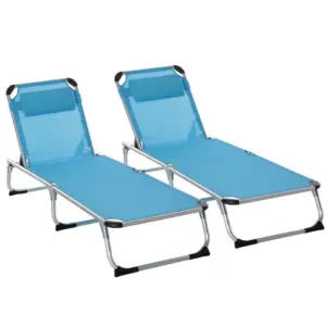 Best 2 Pieces Foldable Outdoor Sun Lounger with Pillow, 5-Level Adjustable Reclining Lounge Chair, Aluminium Frame Camping Bed Cot, Blue