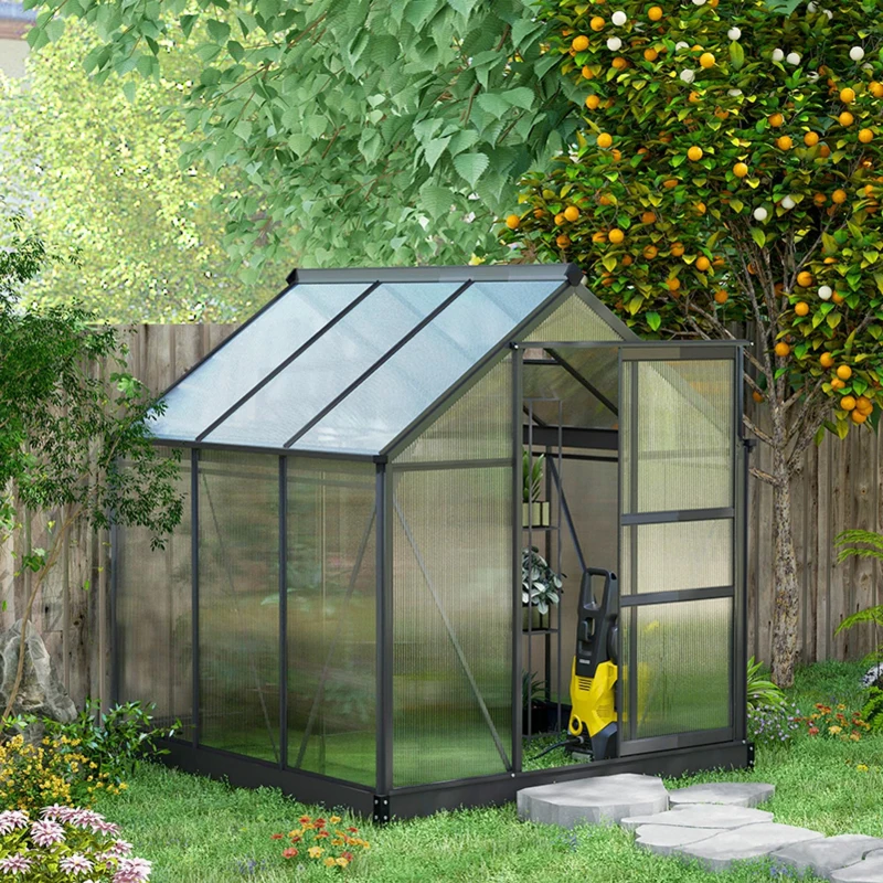 Best 6 x 6ft Polycarbonate Greenhouse, Large Walk-In Green House with Slide Door and Window, Garden Plants Grow House with Aluminium Frame and Foundation, Grey - Image 2