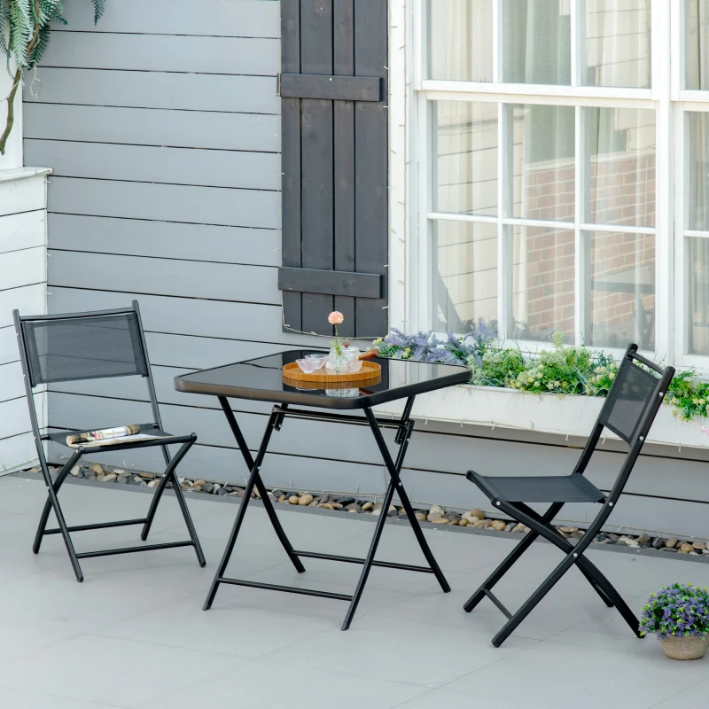Best 3 Pieces Garden Bistro Set, Folding Patio Table with Glass Table Top and 2 Chairs, Outdoor Furniture Set for Garden and Porch, Black - Image 2