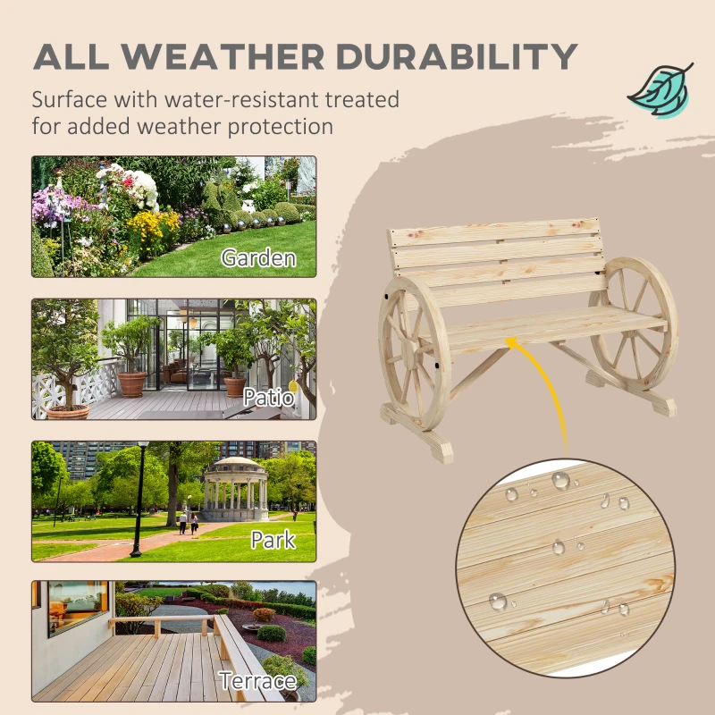 Best Wagon Wheel Chair Bench Armrest Rustic Loveseat Wood Outdoor Garden, Natural - Image 6