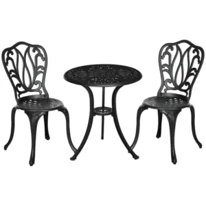 Best 3 Piece Garden Bistro Set, Cast Aluminium Outdoor Furniture Set with Umbrella Hole for Balcony, Porch, Patio, Black