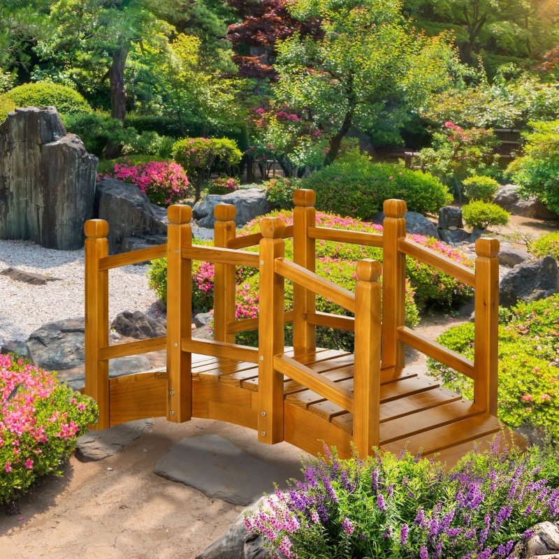 Best Wooden Garden Bridge with Safety Railings, Arc Footbridge for Pond Backyard Stream, Brown - Image 10