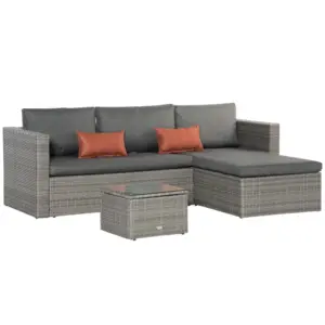 Best 3 Pieces Outdoor PE Rattan Sofa Set, Patio Wicker Conversation Chaise Lounge Furniture w/ Tempered Glass Table-top & Soft Padded Cushion for Garden, Backyard, Lawn, Grey