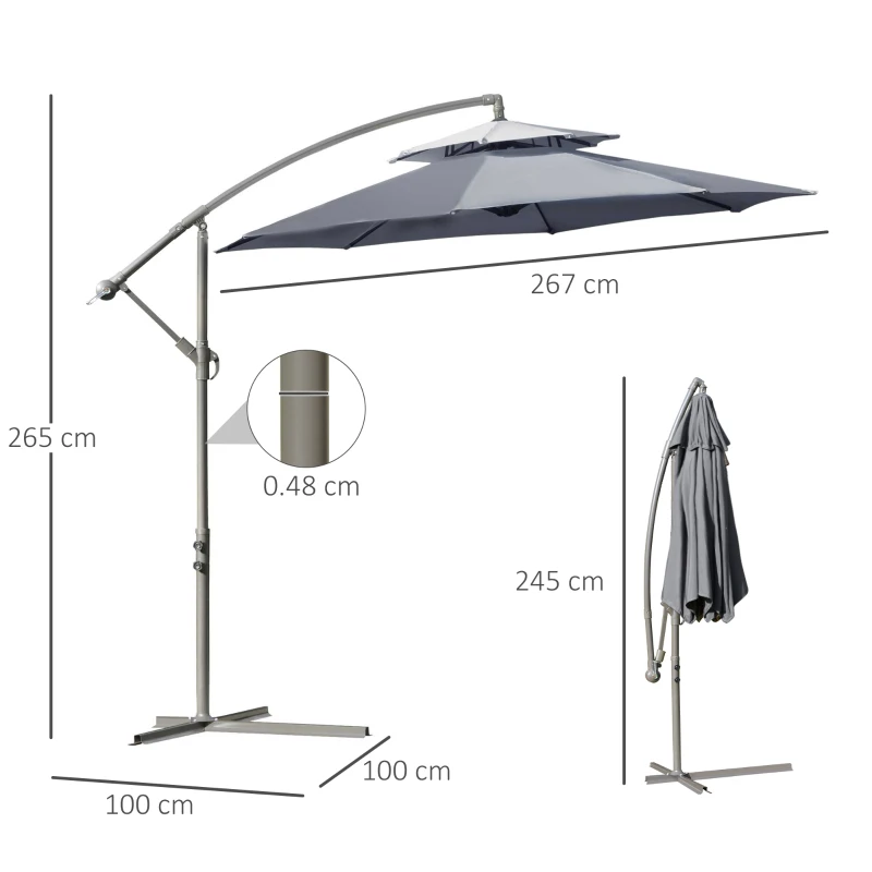 Best 2.7m Garden Banana Parasol Cantilever Umbrella with Crank Handle, Double Tier Canopy and Cross Base for Outdoor, Hanging Sun Shade, Dark Grey - Image 3