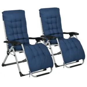 Best 2pc Reclining Zero Gravity Sun Loungers ,Folding Chaise Lounge Chair with Cushions, Blue