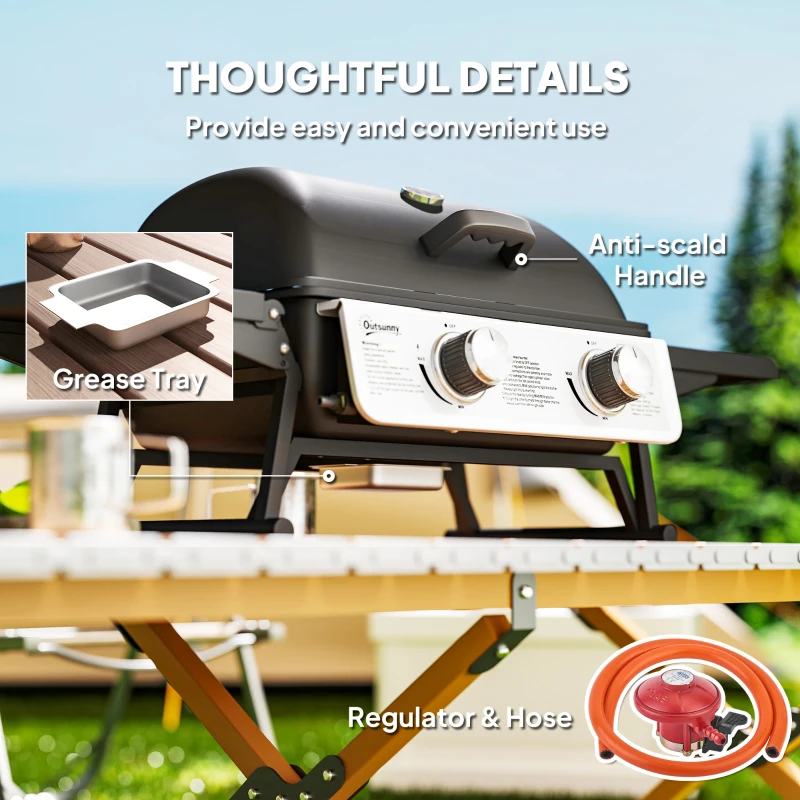 Best 2 Burner Gas BBQ Grill with Foldable Side Tables, Portable Tabletop Gas Barbecue Grill with Built-in Thermometer, Lid, Grease Tray for Garden Party Camping Picnic Outdoor Cooking 5.6KW, Black - Image 7