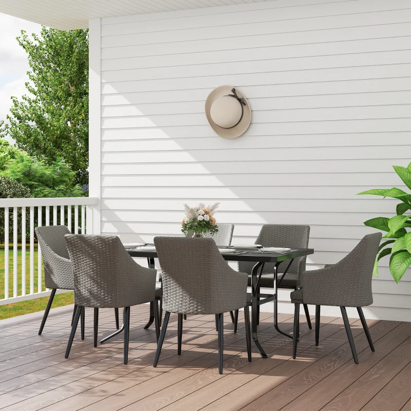 Best 6 Seater Rattan Dining Set with Cushions, Garden Furniture Set with Armchairs, Rectangle Slatted Table Top, Steel Frame, Parasol Hole, Wicker Outdoor Furniture for Patio, Balcony, Grey - Image 2