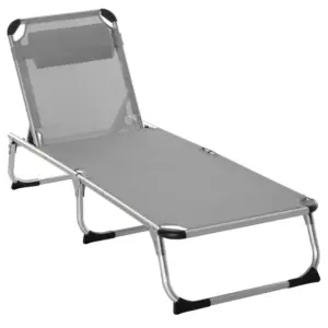 Best Foldable Reclining Sun Lounger Lounge Chair Camping Bed Cot w/ Pillow 4-Level Adjustable Back Aluminium Frame Grey