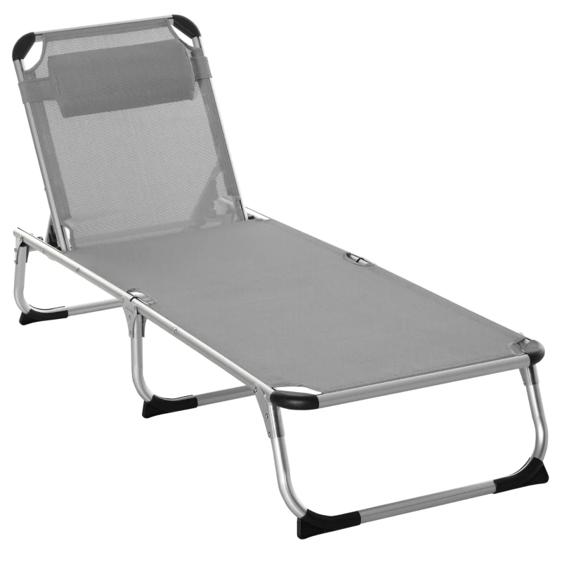 Best Foldable Reclining Sun Lounger Lounge Chair Camping Bed Cot w/ Pillow 4-Level Adjustable Back Aluminium Frame Grey