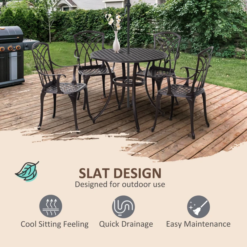 Best 5 Pieces Garden Dining Set for 4, Cast Aluminium Outdoor Dining Set with 4 Armchairs and Round Dining Table with Parasol Hole, Garden Furniture Set, Brown - Image 6