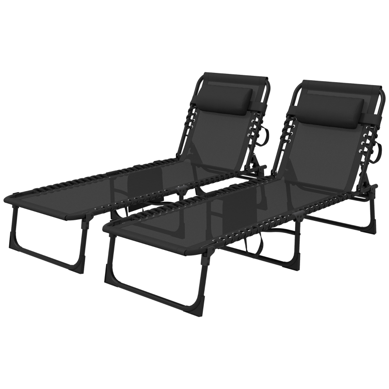 Best Portable Sun Lounger Set of 2, Folding Camping Bed Cot, Reclining Lounge Chair 5-position Adjustable Backrest with Side Pocket, Pillow for Patio Garden Beach Pool, Black - Image 11