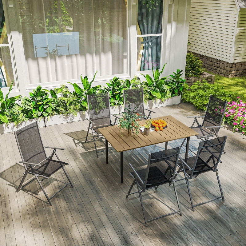 Best Garden Dining Table for 6 Person, Rectangle Outdoor Coffee Table with 5 cm Parasol Hole, Slatted Tabletop and Steel Frame for Patio Balcony, Brown - Image 9