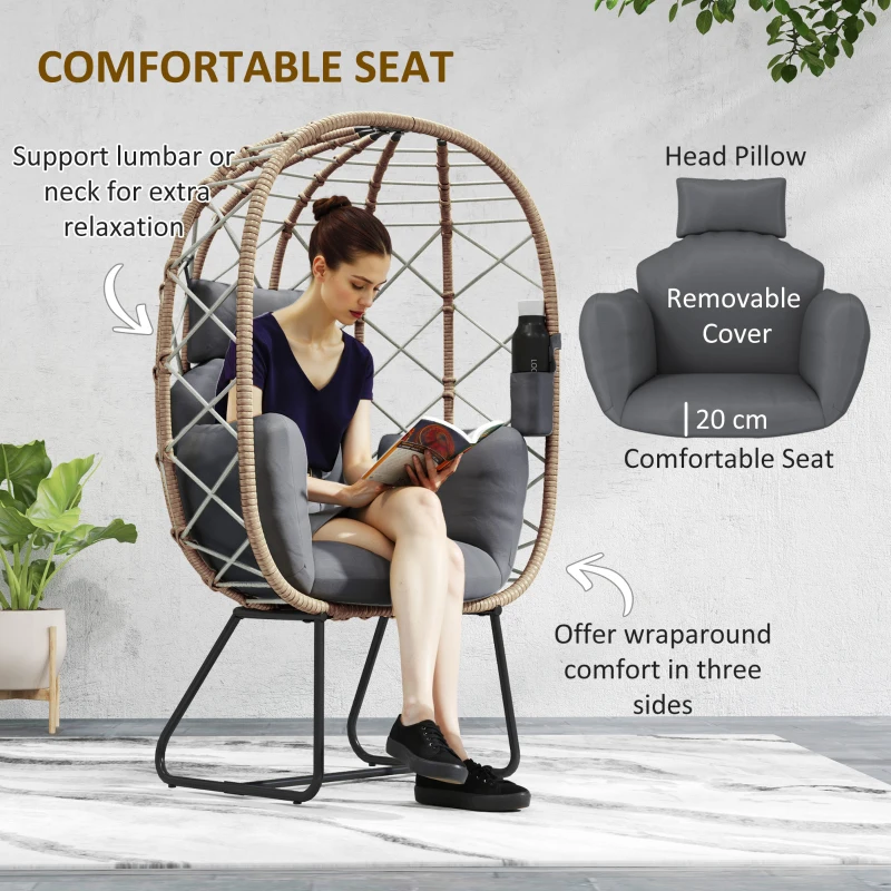 Best Rattan Egg Chair Outdoor Indoor Wicker Chair with Thickened Cushion and Headrest, Standing Garden Egg Chair with Cup Holder, Metal Frame for Patio, Balcony, Brown - Image 4