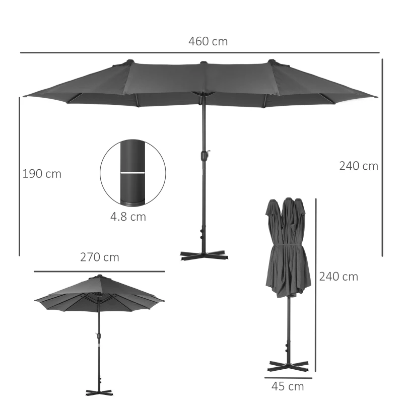 Best 4.6M Sun Umbrella Canopy Double-sided Crank Sun Shade w/ Cross Base Grey - Image 3