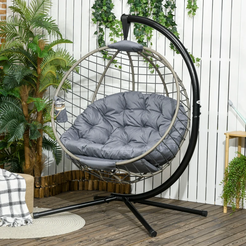 Best PE Rattan Swing Chair, Outdoor Hanging Chair with Metal Stand, Thick Padded Cushion, Foldable Basket and Cup Holder, for Indoor and Outdoor, Grey - Image 2