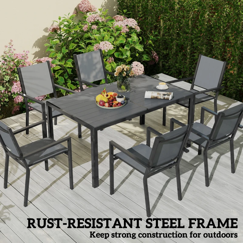 Best 7 Piece Garden Dining Set, Outdoor Furniture Set with 6 Stackable Chairs and 150 cm Rectangle Table, WPC Slatted Top, Rust-Resistant Steel Frame, for Garden, Porch, Terrace - Image 6