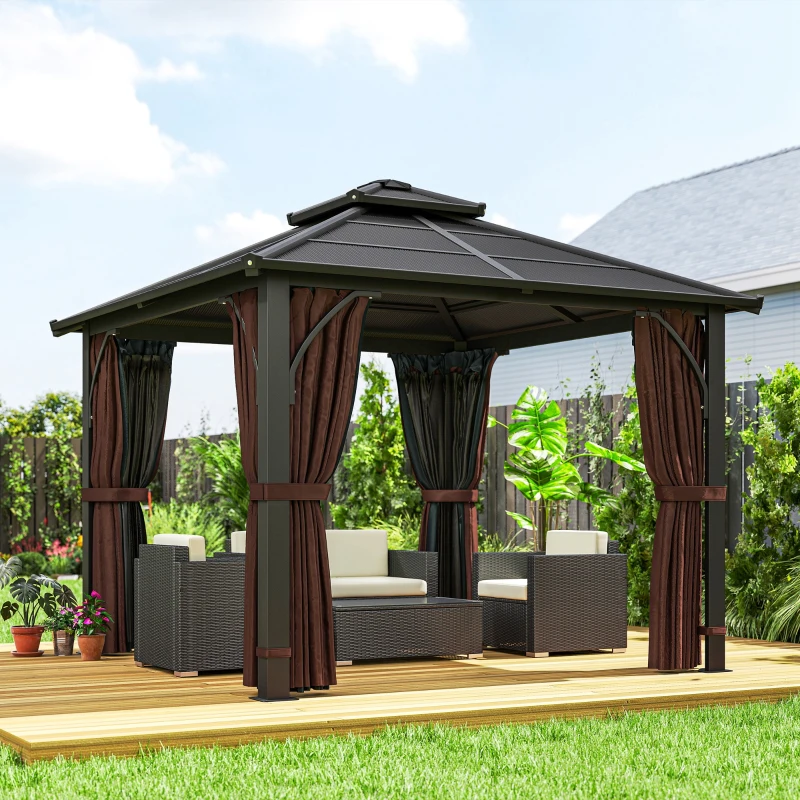 Best 3 x 3(m) Hardtop Gazebo Canopy with 7mm Double Polycarbonate Roof, Garden Gazebo Permanent Pavilion with Mosquito Netting and Curtains for Patio, Deck, Brown - Image 2