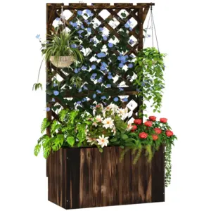 Best Wooden Planter with Trellis, Freestanding Raised Garden Bed with Drainage Holes, Outdoor Planter Box with Liner for Vegetables, Herbs and Flowers, Carbonised