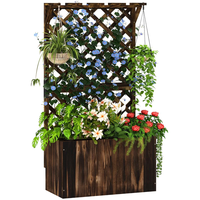 Best Wooden Planter with Trellis, Freestanding Raised Garden Bed with Drainage Holes, Outdoor Planter Box with Liner for Vegetables, Herbs and Flowers, Carbonised