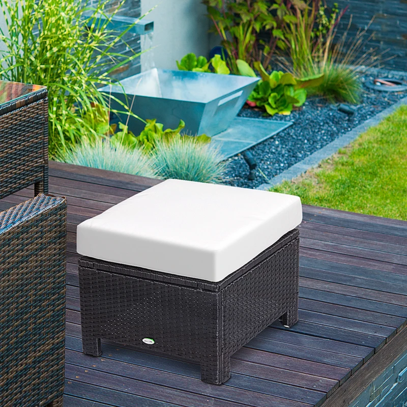 Best Rattan Footstool Wicker Ottoman with Padded Seat Cushion Outdoor Patio Furniture for Garden Poolside Living Room, 50 x 50 x 35 cm, Black - Image 2