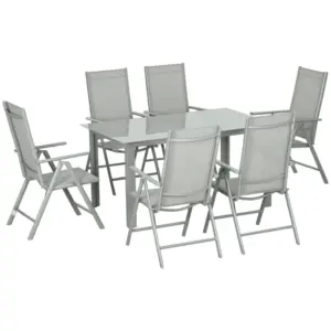 Best 7 Piece Garden Dining Set, Outdoor Table and 6 Folding and Reclining Chairs, Aluminium Frame, Tempered Glass Top Table, Texteline Seats, Grey