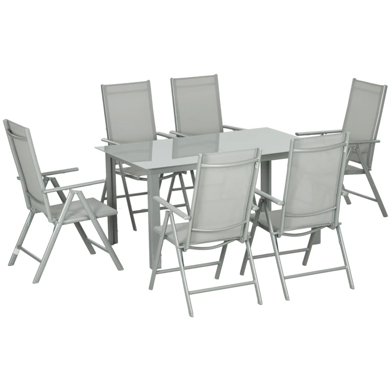 Best 7 Piece Garden Dining Set, Outdoor Table and 6 Folding and Reclining Chairs, Aluminium Frame, Tempered Glass Top Table, Texteline Seats, Grey