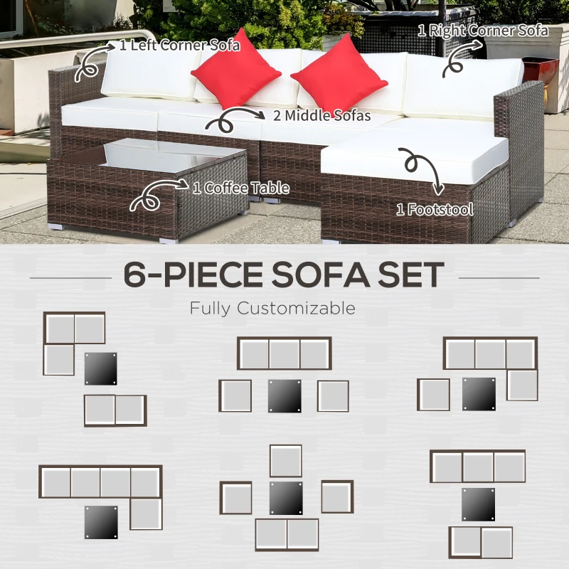 Best 6 Pieces Rattan Garden Furniture Set, 5 Seater Sectional Garden Corner Sofa Set with Glass Top Coffee Table, Cushions and Pillows, All-Weather Wicker Conversation Furniture, Cream White - Image 6